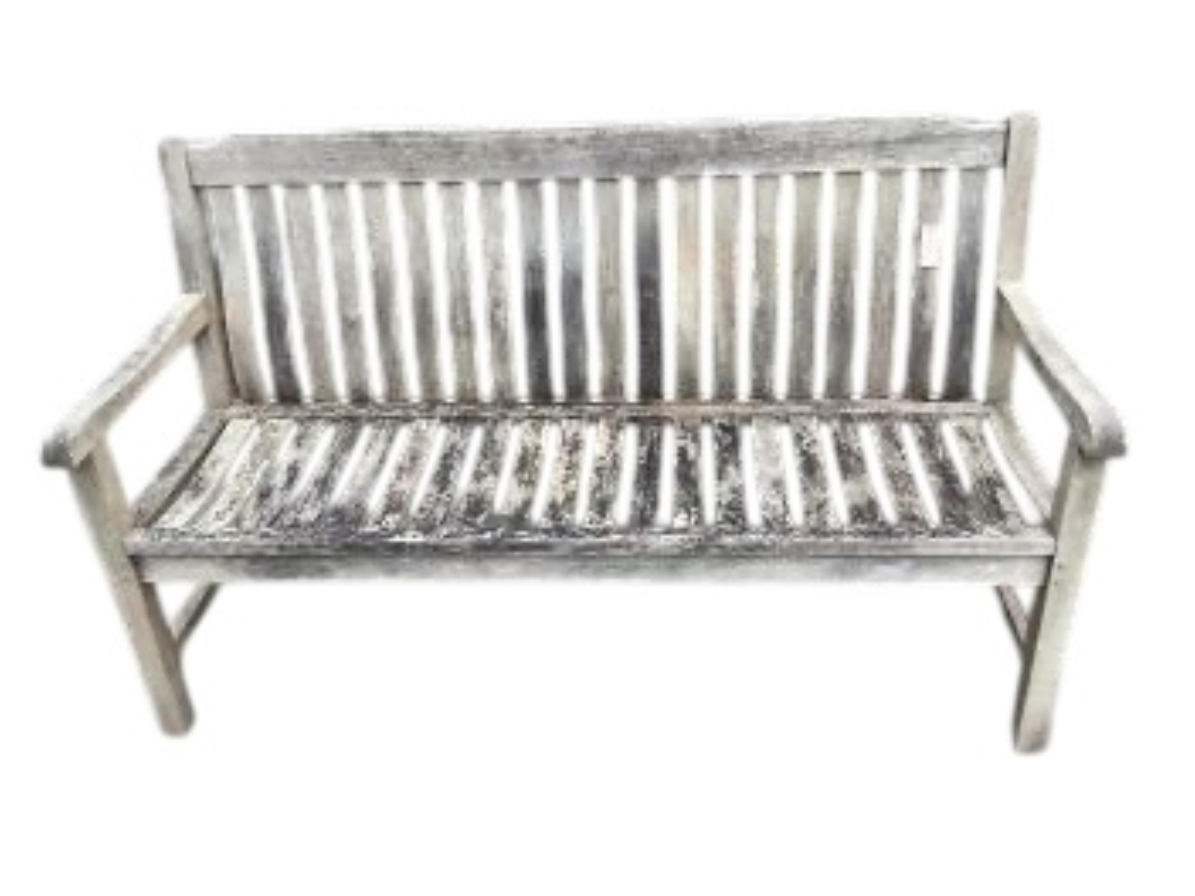 A weathered teak slatted garden bench by Neptune,width 154cm, depth 58cm, height 92cm